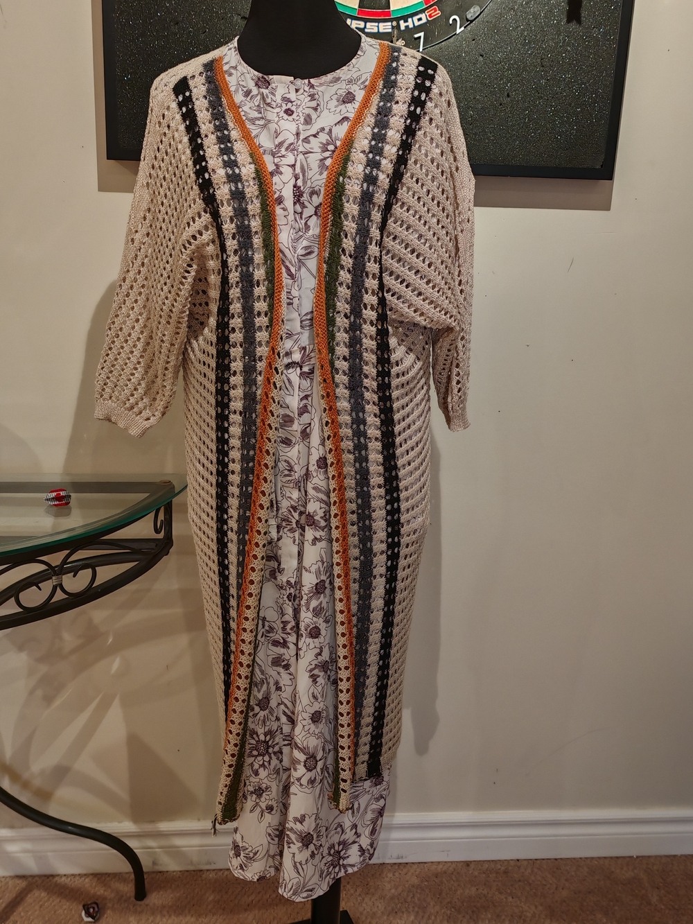 Crochet Duster Cardigan with Striped Accents - Picture 10 of 11